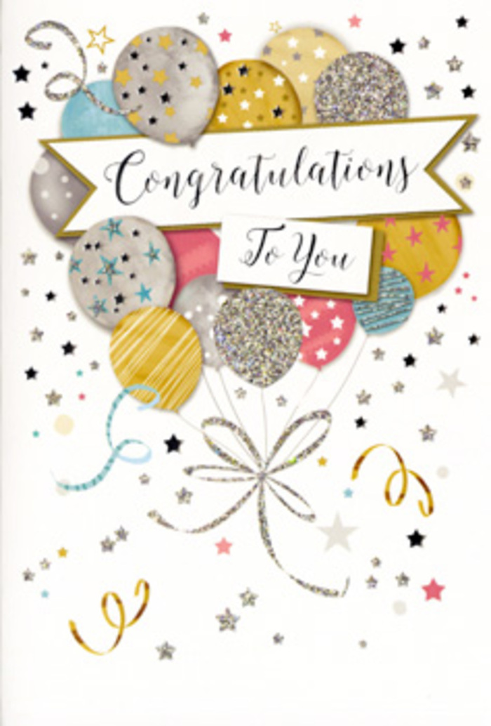 In this photograph, a refined yet playful congratulations card is presented as though ready to accompany a fresh, hand-delivered bouquet arriving at a Thamesmead doorstep. The design centres around a buoyant cluster of illustrated balloons drifting upward, their rounded shapes overlapping in a gentle, organic composition reminiscent of layers of petals in a floral arrangement. The colour story is carefully balanced: warm metallic gold, brushed silver, soft champagne, delicate blush pink, pale blue reminiscent of open Thamesmead skies, and soothing grey tones. Each balloon is adorned with subtle decorative details-fine stripes, sprinkled stars, and patches of shimmering glitter effect that lend the design a sense of light-catching glamour without overwhelming the softness of the palette. From the base of the balloon cluster, slender strings in gold and silver flow downward, curling gracefully at the tips and tying the design together like the tailored ribbon finish on a professionally crafted bouquet. The background is airy and uncluttered, sprinkled with metallic stars, tiny dots of confetti, and swirling ribbon motifs that twist across the surface, evoking the carefree energy of a surprise party or a family celebration by the lakes in Thamesmead. A refined banner sweeps across the centre of the card, carrying the word "Congratulations" written in flowing, ornate script that strikes a balance between elegance and genuine warmth. The overall mood is uplifting, polished, and quietly luxurious, with an implied tactile richness-the smoothness of high-quality card, the gentle resistance of raised glitter, the shine of printed metallic inks. It's a card perfectly suited to accompany flowers marking exam results, new keys to a Thamesmead home, a work promotion, or any special achievement that deserves to be remembered.