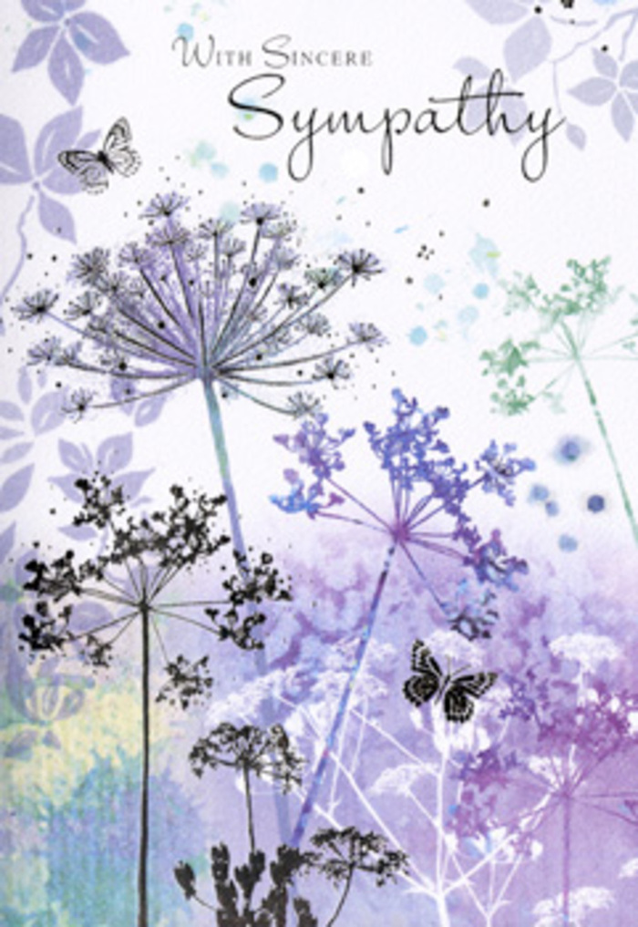 There is a tranquil, reflective beauty in this sympathy card that feels right at home in Thamesmead's open skies and waterside views. Tall, spindly wildflowers with intricate, umbrella-shaped heads stretch upward across the card, their fine outlines traced in layers of lavender, smoky purple, and powdery blue. Each bloom is made up of tiny clustered florets, giving a filigree effect, like lace held against a backdrop of soft, merging colour. Behind the flowers, the background flows in blurred watercolour washes of muted purples, silvery greens, and cool blues, reminiscent of distant housing blocks and trees reflected gently on Southmere or Gallions Lake when the light is low. The scene is bathed in diffuse illumination, with no harsh shadows, evoking the gentleness of an overcast afternoon wander through Thamesmead's canals and green pathways. Two small butterflies hover above the wispy petals, their wings lightly tinted and semi-transparent, suggesting a sense of ongoing presence and hope, even in times of deep sorrow. The florist's touch shows in the balance of the composition: the stems lean and curve without crowding one another, leaving breathing space where the background shines through, just as grief and remembrance find room within everyday life. This design does not demand attention; it offers it, quietly, like a neighbour from Thamesmead Florist arriving with flowers and a few kind words. For families here, or along nearby Abbey Wood and Plumstead borders, this card becomes more than paper and ink - it is a tender, visual gesture of empathy and support.