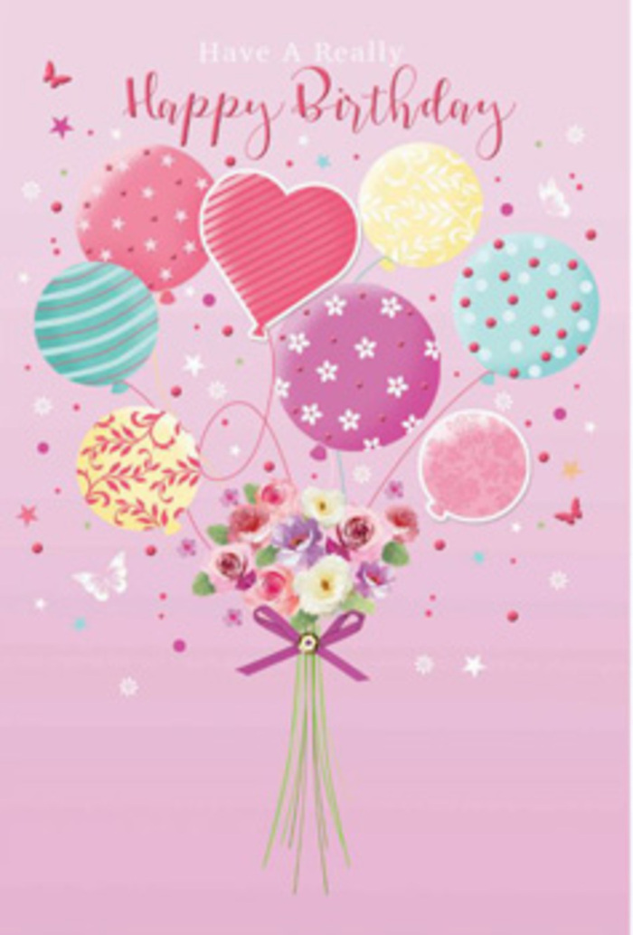 This birthday design tells a soft, joyful story, the kind you might imagine unfolding during a relaxed celebration at a Thamesmead picnic spot. The entire composition is set against a tender pink backdrop, like the blush of evening light over the local waterways. From the lower centre, a bouquet of balloons lifts upward, forming a loose, floating cluster in pastel shades of rose, sea green, lemon, and lilac, each balloon slightly overlapping the next. Every one is adorned with a different detail: playful ribbons spiral diagonally, neat polka dots scatter like tiny confetti, and subtle swirls and floral motifs curl across the surfaces, giving the impression of movement and happy chatter. Below this buoyant canopy, a hand-tied bouquet of flowers acts as the visual anchor. Creamy roses and anemone-like blooms, accompanied by soft, daisy-style petals, gather in a mix of ivory, blush pink, and muted mauve. Their petals appear thick and plush, as though you could feel their cool, velvety texture, with shading that suggests the blooms were caught at the perfect moment of opening. The imagined fragrance is light and gently sweet, evoking fresh birthday flowers delivered that morning from a Thamesmead florist's bench. A satin bow in a bright yet elegant shade of purple wraps neatly around the stems, its loops and tails catching subtle highlights. Tiny starbursts and delicate butterflies float nearby, echoing the motion of the balloons drifting upward, as if they are all carried by the same soft breeze over Southmere Lake. The mood is calm yet celebratory, capturing a birthday feeling that is both whimsical and thoughtfully styled, like a card chosen with real care for someone special.