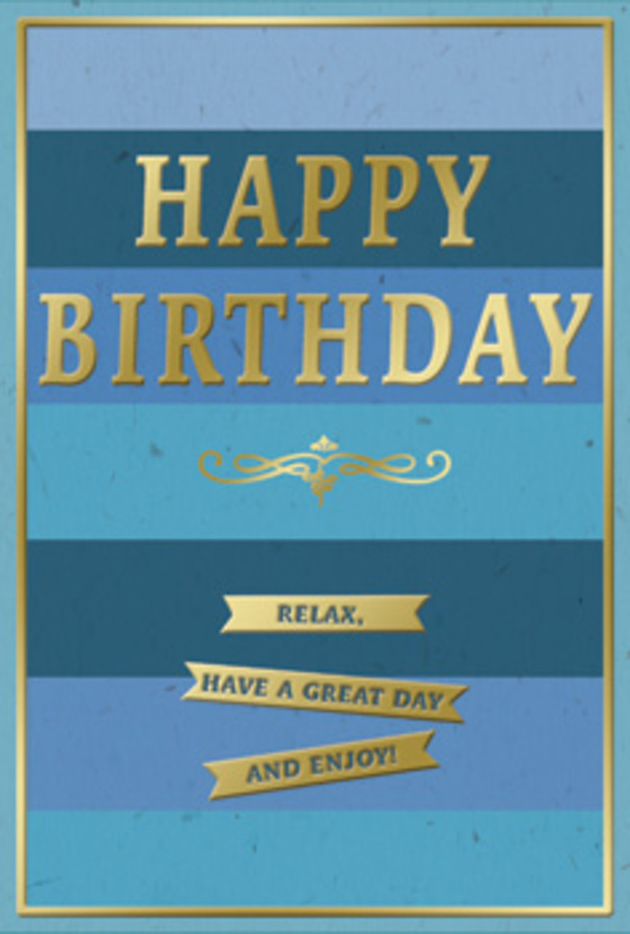 A stylish birthday card in layered blues and gleaming gold stands against a soft, neutral surface, exuding the kind of calm celebration you might associate with a slow, sunny walk around Southmere or Birchmere Park in Thamesmead. The card's background is a sequence of broad horizontal stripes, each stripe a distinct shade of blue. At the top, the colour is a rich, deep navy that gradually softens as you look down, transitioning through mid-tones into a lighter, more tranquil blue toward the bottom edge. This gentle gradient suggests both depth and serenity, like watching ripples on still water under a changing sky. In the centre of the card, "HAPPY BIRTHDAY" is showcased in bold, embossed capital letters, rendered in metallic gold. The gold has a warm, luminous glow, reflecting ambient light in fine highlights that bring the text forward without overwhelming the restful background. Beneath the main greeting, a refined golden flourish spans the width of the central section, its delicate curves lending a touch of classic elegance, almost reminiscent of traditional calligraphy or decorative ironwork. Below this flourish, three slim gold banners are neatly aligned, their edges sharply defined. Each banner is embossed with gentle, uplifting words that encourage rest, enjoyment, and a sense of being looked after on one's special day. A slim gold border frames the entire front panel, acting as a quiet, unifying line that ties the design together. The card stock appears fairly thick and smooth to the touch, with the raised gold details offering subtle tactile contrast against the matte blue layers. You can easily imagine this card displayed next to a hand-tied birthday arrangement delivered by a local Thamesmead florist, brightening a dining table in Abbey Wood or a cosy corner of a home looking out across the water.