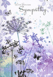 This sympathy card reads like a soft, visual poem, echoing the peaceful stillness of Thamesmead's waterside paths at dusk. Across the front, airy silhouettes of wildflowers rise, their fine stems and umbrella-shaped clusters drawn in graceful shades of lavender, indigo, and gentle blue. The blooms appear to stretch upwards, as though seeking comfort in a quiet, clouded sky above Southmere Lake. Each umbel is delicate and finely detailed, yet partially transparent at the edges, giving the impression that the flowers might dissolve back into the soft background at any moment. Behind them, a wash of pale violets, muted greens, and cool blues blends together with watercolour softness, creating hints of distant foliage and horizon lines without defining them sharply. Here and there, butterflies hover near the blooms, rendered in light, translucent strokes that suggest movement and the subtle presence of something unseen yet deeply felt. The overall palette is cool but comforting, the colours chosen to soothe, much like the gentle light that settles over the estate blocks and open spaces in the evening. The composition leaves quiet pockets of space between the stems, inviting the eye - and the heart - to pause. A simple message of sympathy would sit gracefully within this gentle scene, the script echoing the card's understated elegance. For someone sending condolences in Thamesmead, whether to a family near Crossway Park or by the canal, this design offers a respectful, nature-inspired embrace, wrapping heartfelt sorrow in calm, compassionate imagery.